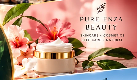 Pure Enza Beauty concept on luxury skincare jar with pink flowers